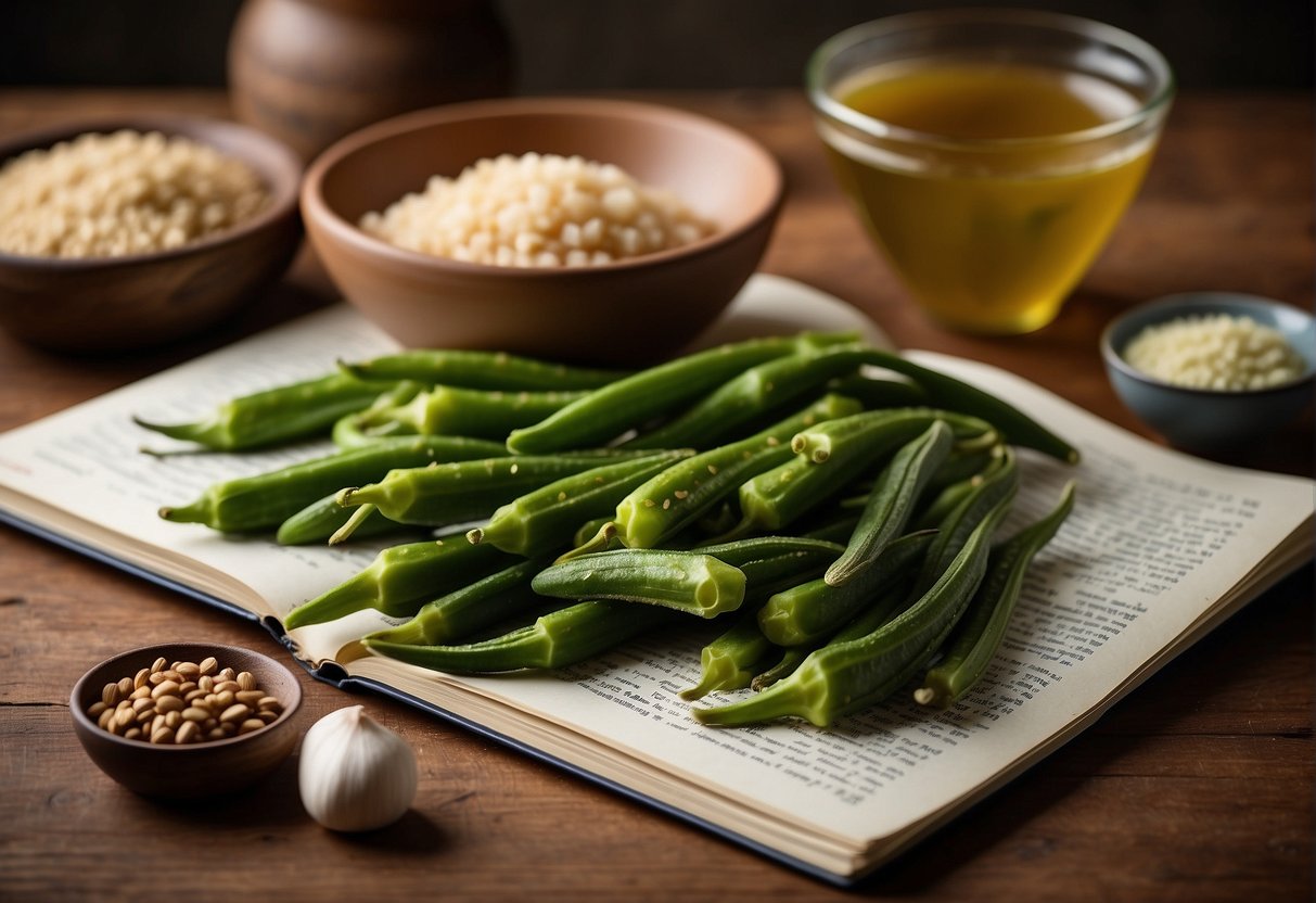 A bowl of fresh Chinese okra surrounded by various ingredients and cooking utensils, with a recipe book open to a page titled "Frequently Asked Questions: Chinese Okra Recipes Easy."