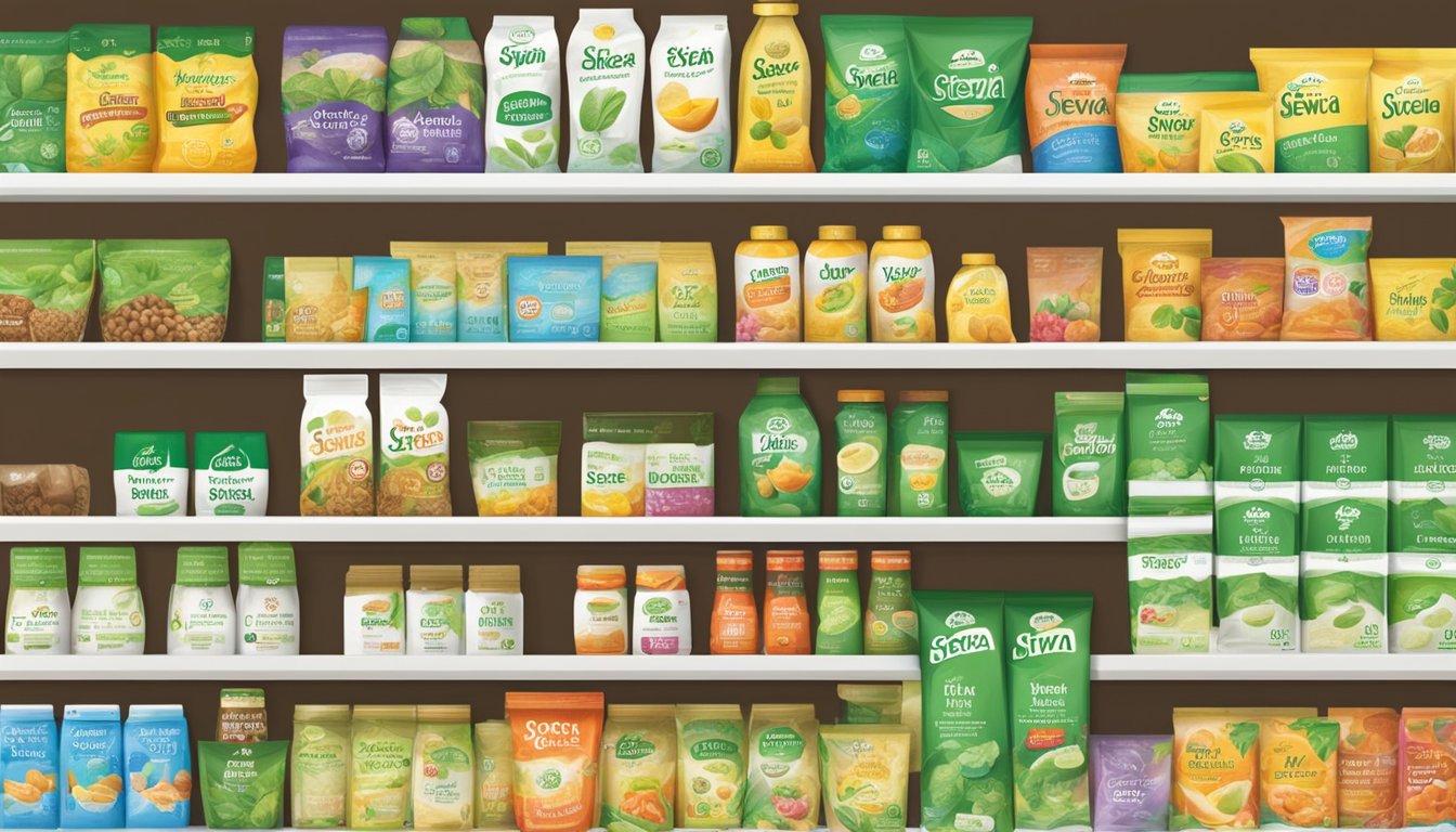 A shelf of stevia sweeteners in a Singaporean grocery store, with various brands and packaging options displayed prominently