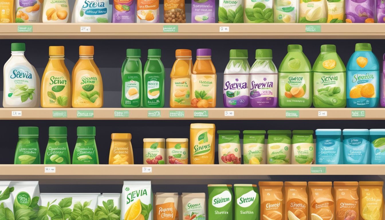Shelves of grocery products with "Stevia Sweetener" labels in a Singapore supermarket