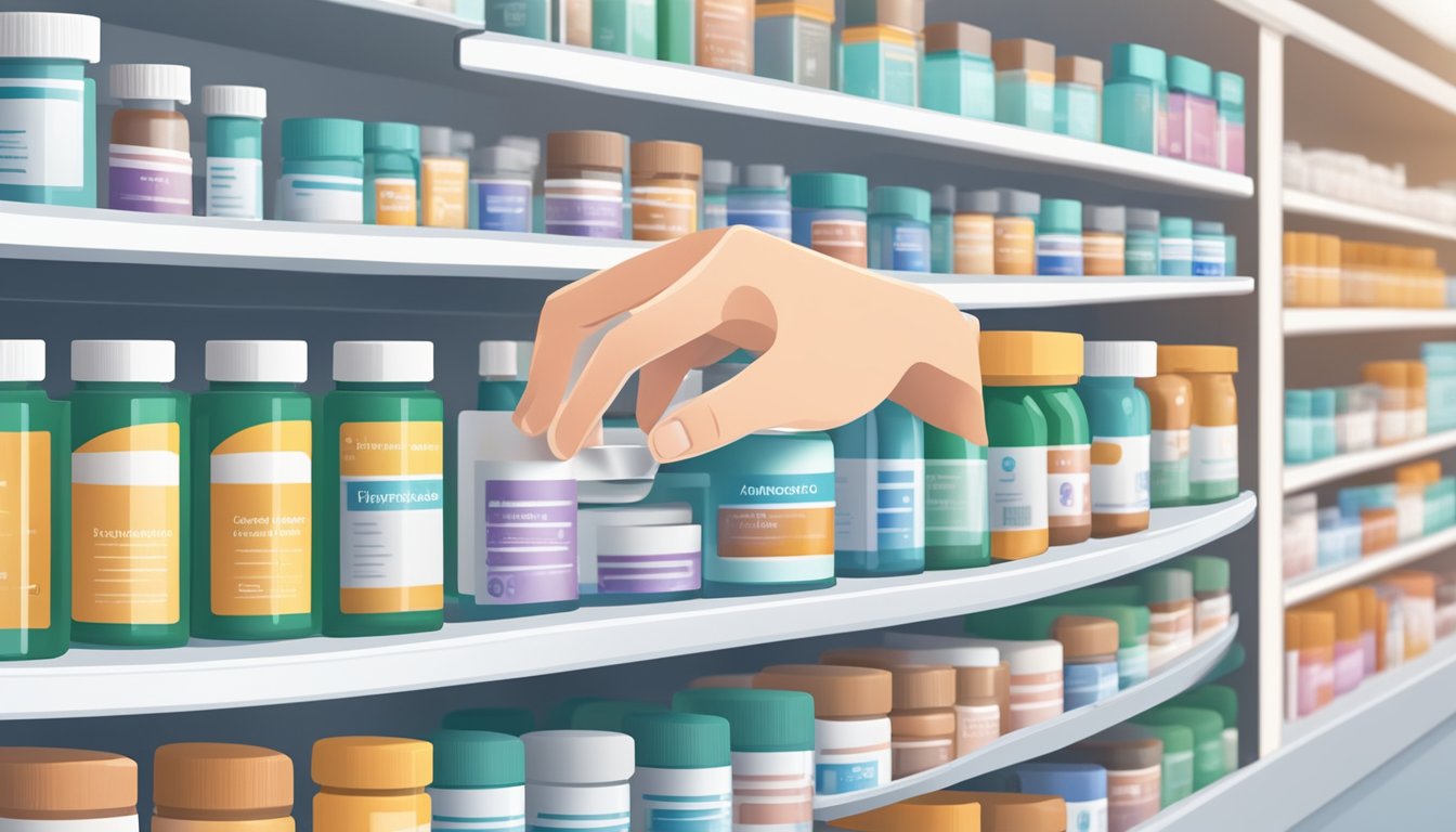 A hand reaches for a bottle of glycopyrrolate tablets on a pharmacy shelf, with other medications and products in the background