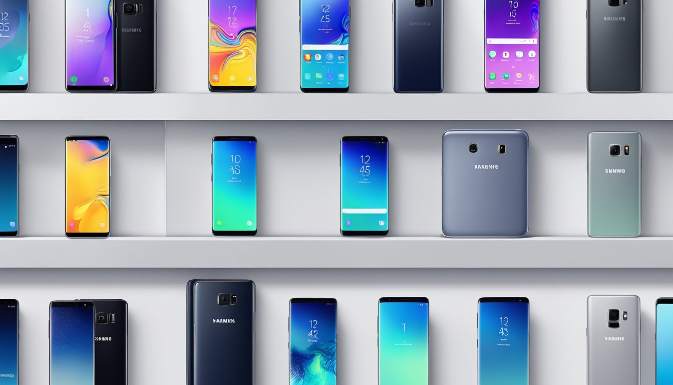 A variety of Samsung phone models displayed on a sleek, modern shelf with bright, clean lighting