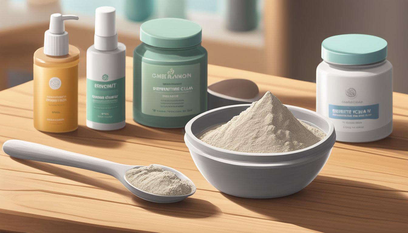A bowl of bentonite clay sits on a wooden table, surrounded by various skincare products. A jar of clay powder is open, with a small amount spilled out onto the table. A small spoon is next to the jar, ready for use