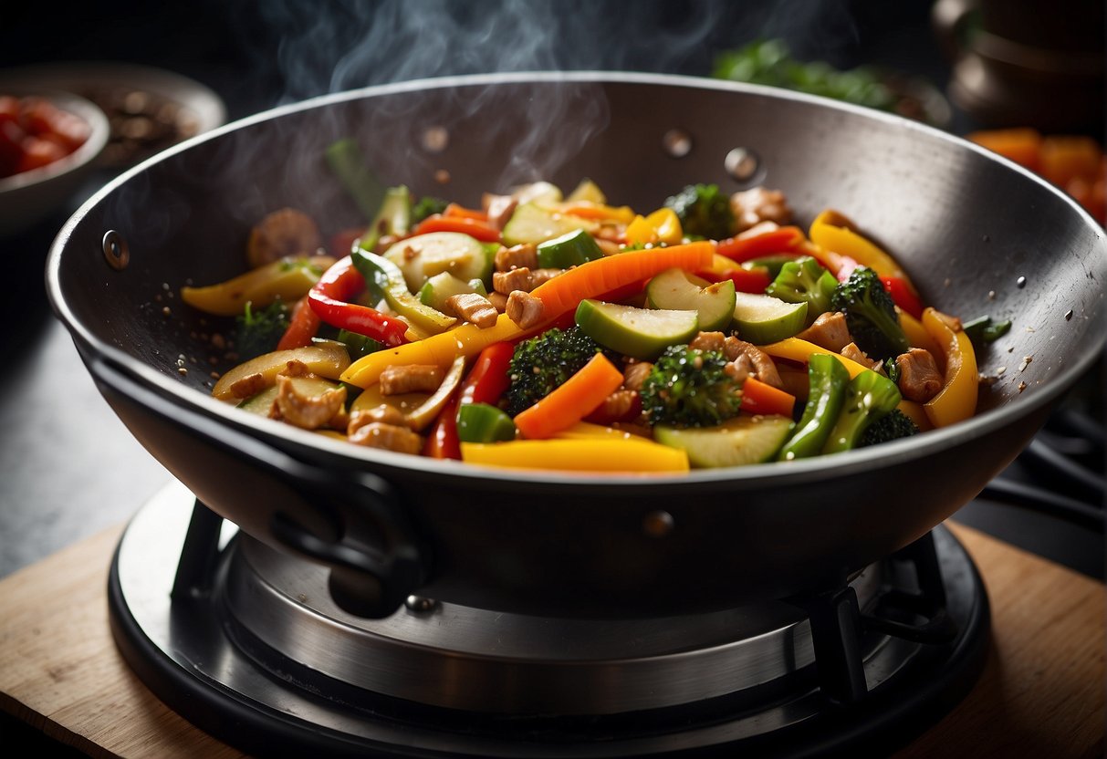 A wok sizzles with colorful vegetables being stir-fried in a blend of Indian and Chinese spices, creating a tantalizing aroma