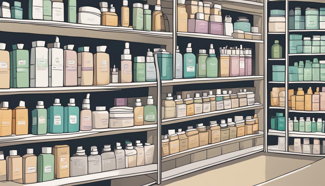 A store shelf with various skincare products, including bentonite clay, in Singapore. A sign above reads "Frequently Asked Questions."