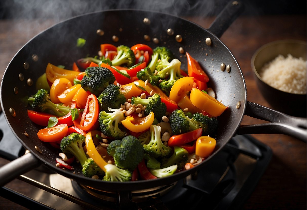 A sizzling wok filled with colorful stir-fry vegetables, including bell peppers, broccoli, and carrots, being tossed with aromatic Indian and Chinese spices