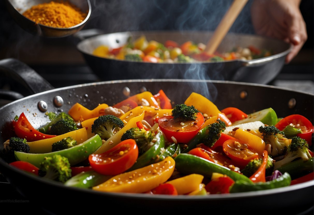 Colorful vegetables sizzle in a hot wok, tossed with spices and sauces, creating an aromatic stir-fry