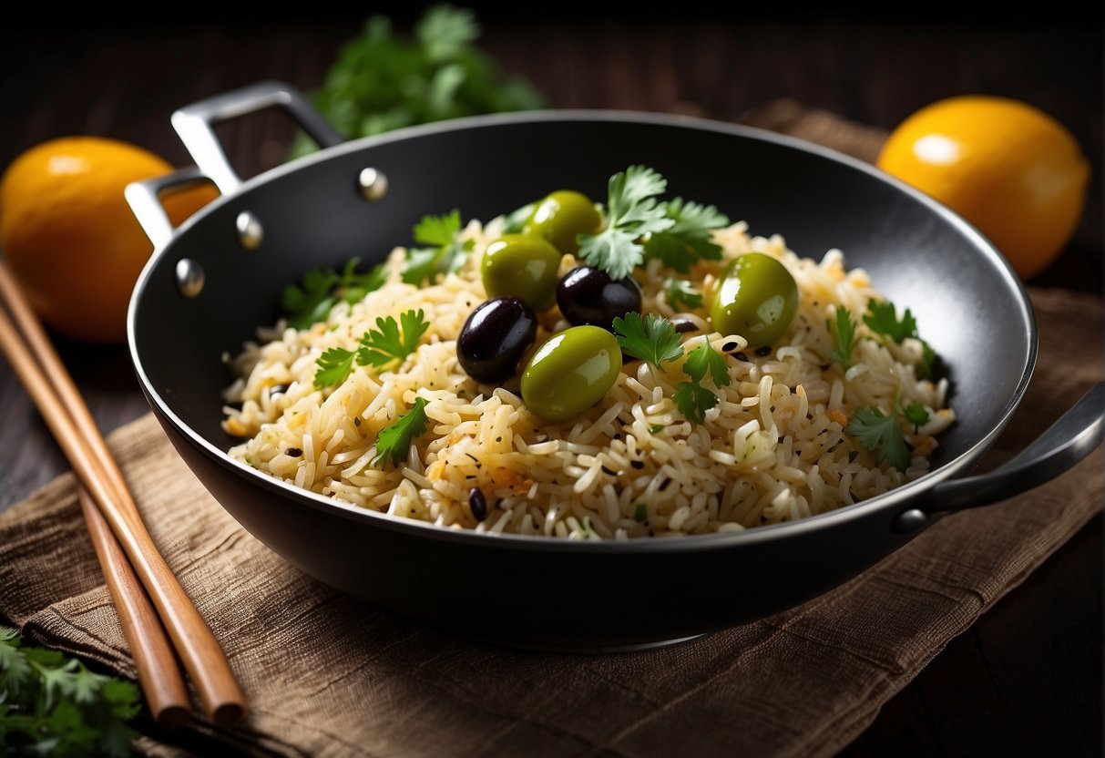 A wok sizzles with fragrant Chinese olive rice, garnished with fresh cilantro and sliced olives, set on a patterned tablecloth