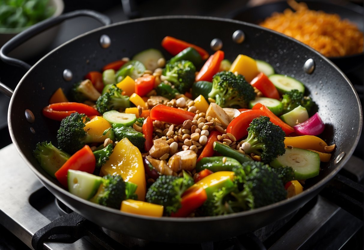 Various colorful vegetables sizzling in a wok, as they are being stir-fried with aromatic Indian and Chinese spices