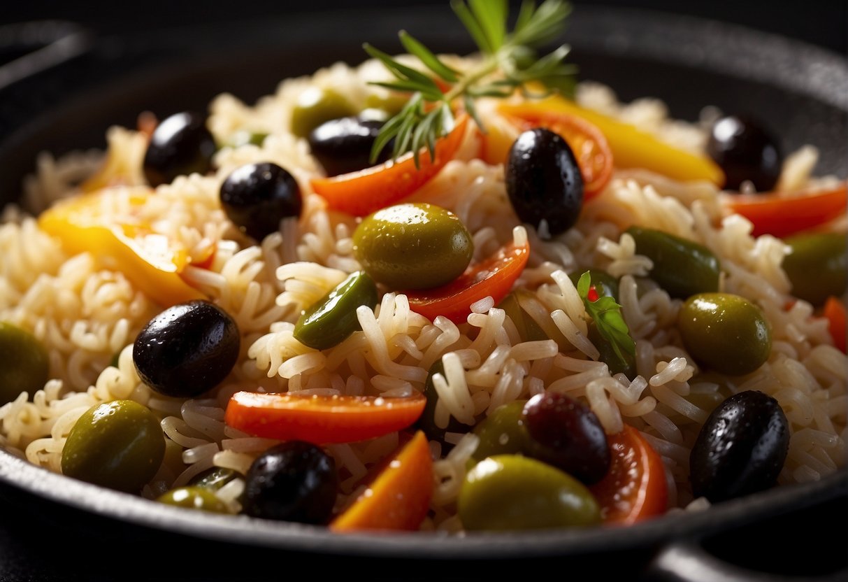 A wok sizzles as rice, olives, and various spices are tossed together, creating a fragrant and colorful Chinese olive rice dish