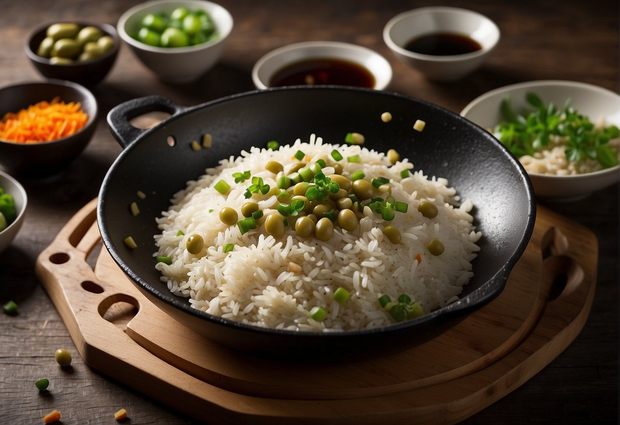 A wok sizzles with fragrant Chinese olive rice, surrounded by key ingredients: olives, rice, soy sauce, garlic, and green onions