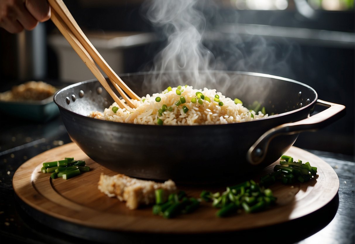 A wok sizzles as olive oil is heated. Rice is added and stir-fried with garlic, ginger, and green onions. Soy sauce is drizzled in, and the rice is tossed until evenly coated