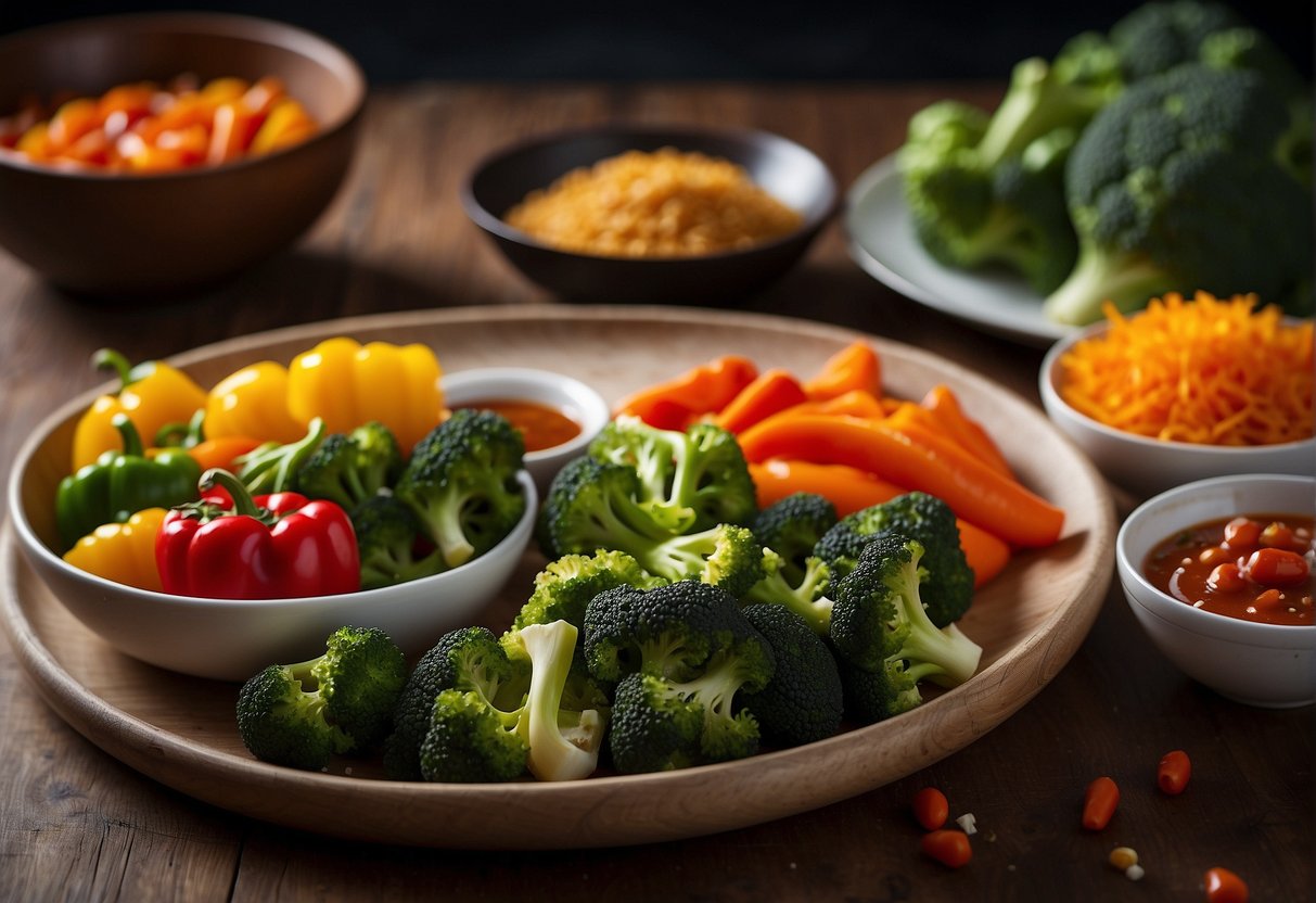 A colorful array of stir-fry vegetables, including bell peppers, broccoli, and carrots, are arranged on a cutting board next to a bowl of Indian-Chinese sauce. Nutritional information is displayed in a corner