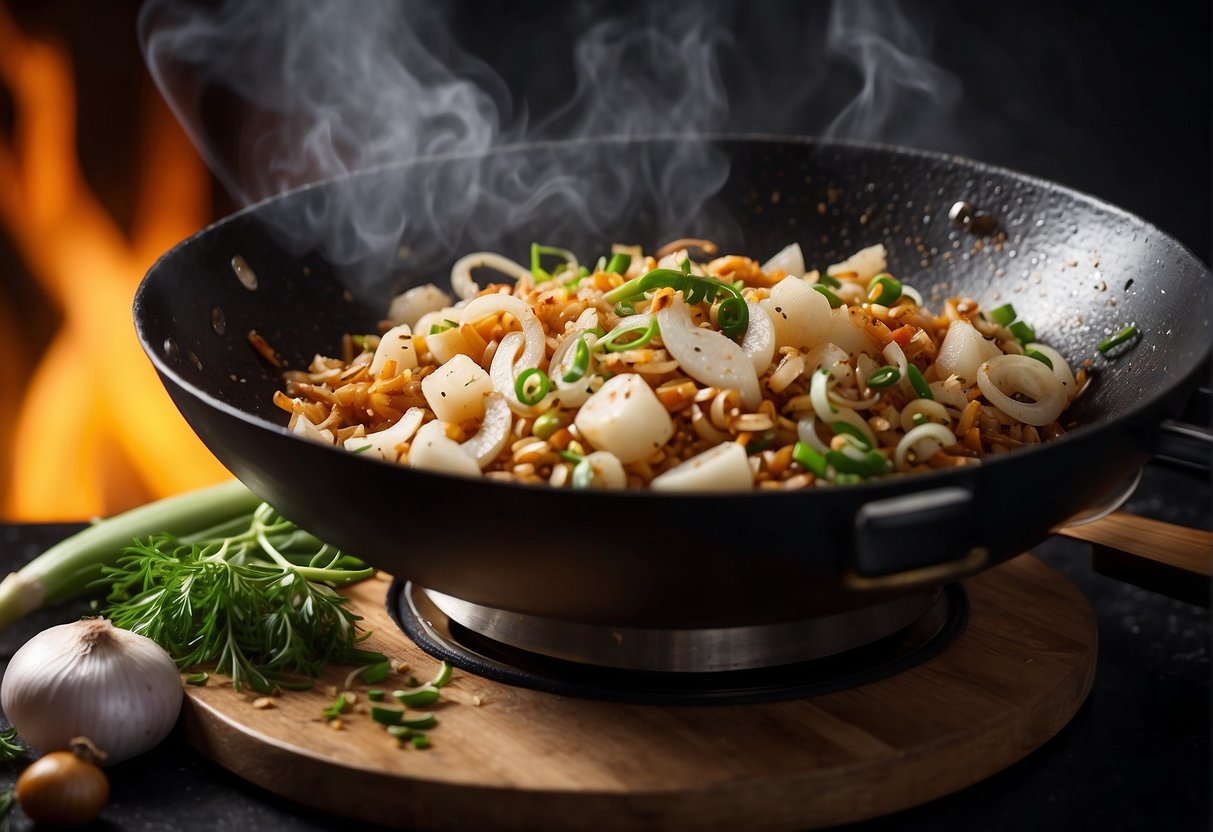 A wok sizzles with diced onions and garlic. Rice is added, followed by Chinese olives and soy sauce. Steam rises as the ingredients are tossed together