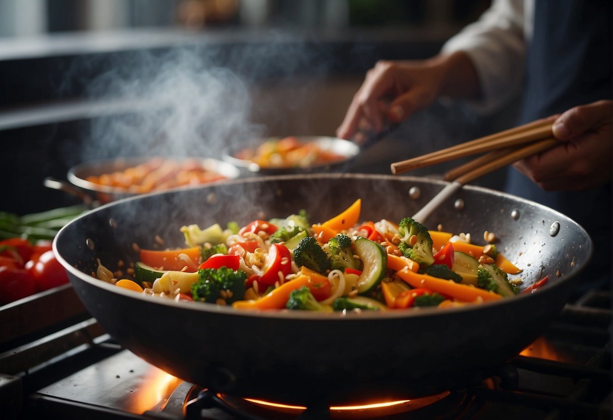 A sizzling wok tosses colorful veggies in a fragrant blend of Indian and Chinese spices. Steam rises as the vegetables cook to perfection