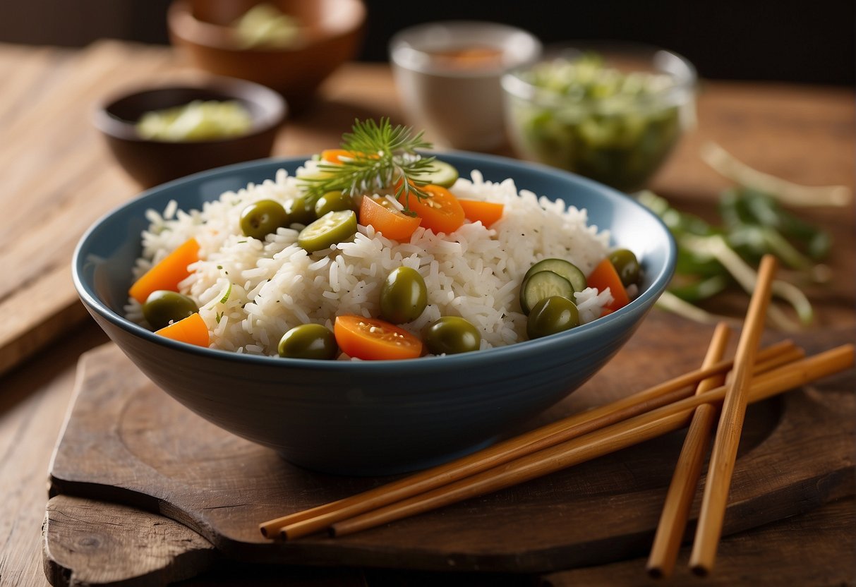 A bowl of Chinese olive rice with chopsticks and a side of pickled vegetables on a wooden table