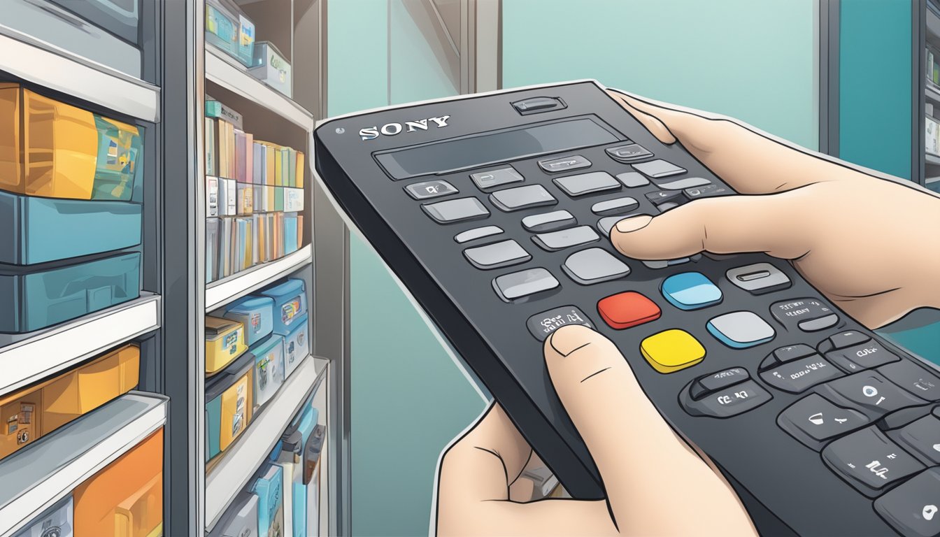 A hand reaches for a Sony TV remote control on a shelf in a Singapore electronics store