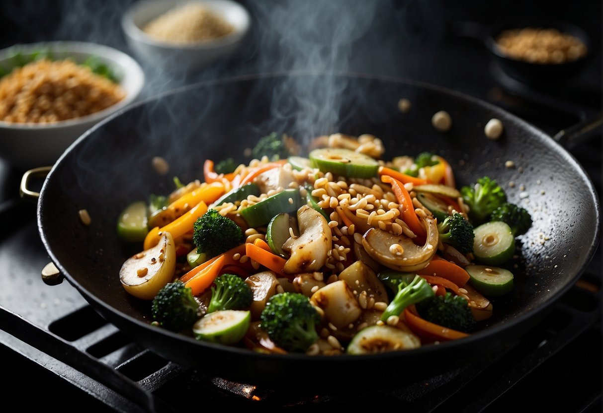 A wok sizzles with Chinese olive vegetables stir-frying in garlic and ginger, emitting a savory aroma. Soy sauce and sesame oil sit nearby
