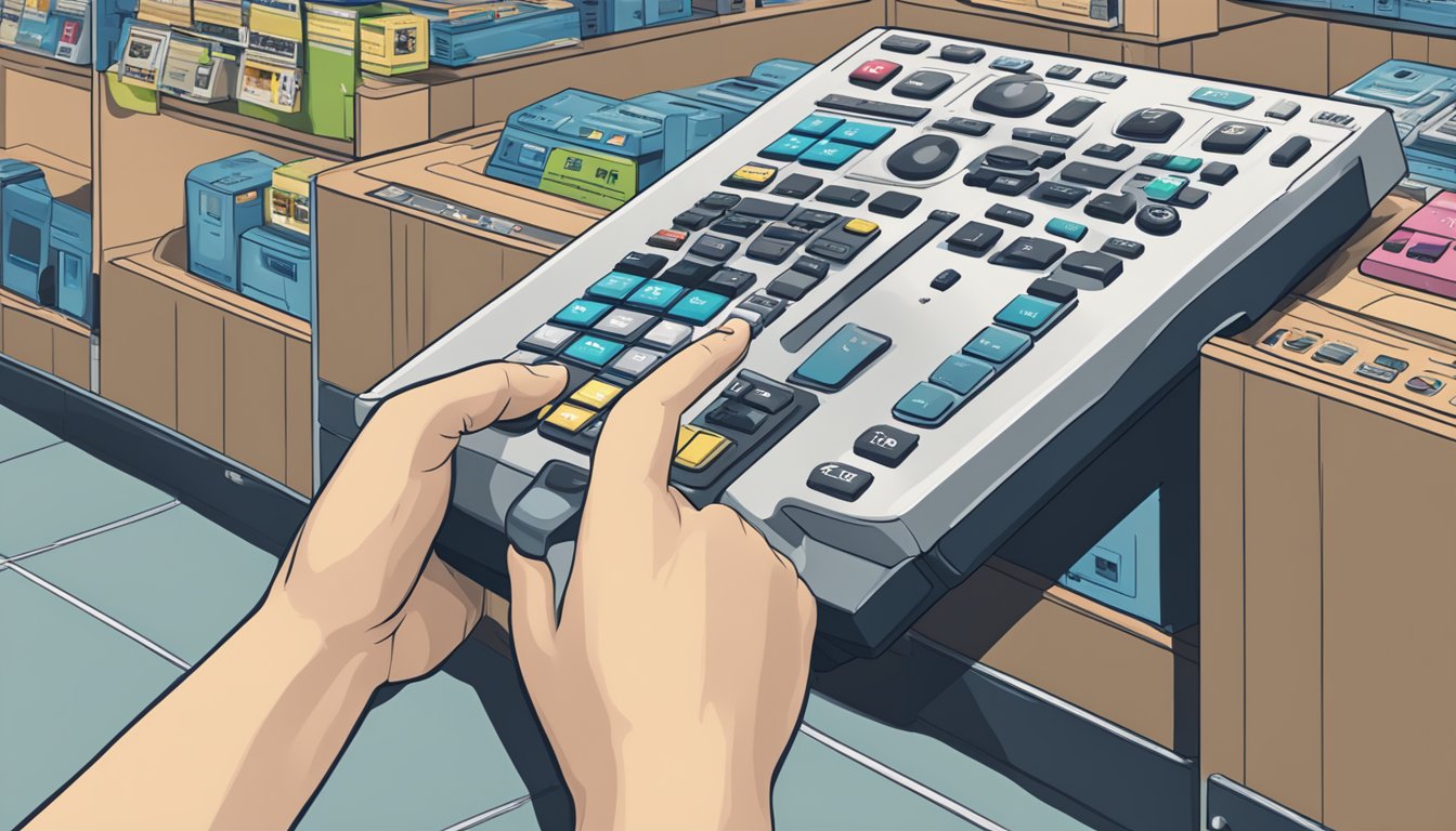 A hand reaching for a Sony TV remote control in a Singapore electronics store