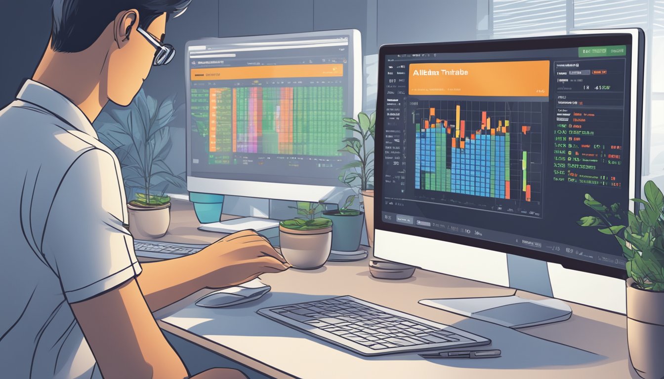 A person in Singapore uses a laptop to access a stock trading platform. They type "Alibaba" into the search bar, select the stock, and click "buy" to purchase shares