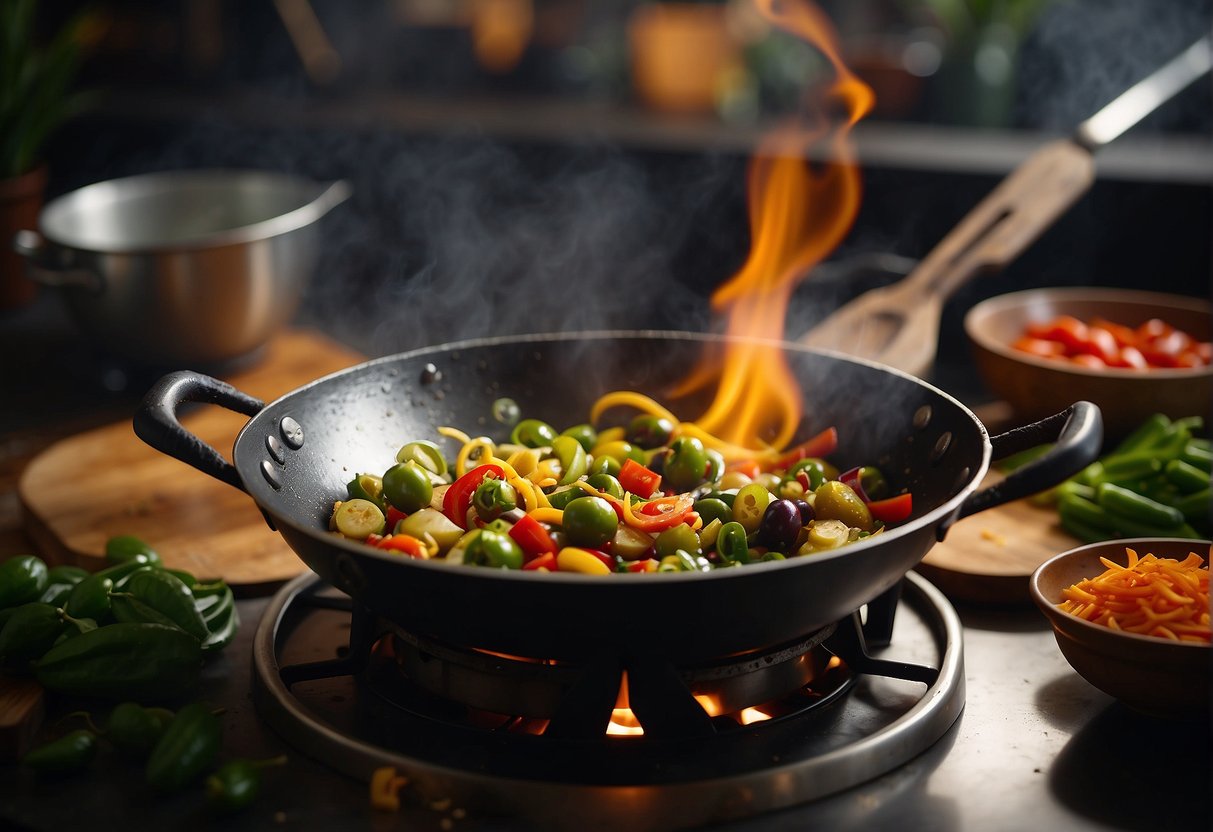 A wok sizzles over a hot flame as fresh Chinese olives and vegetables are tossed together with savory seasonings, creating a fragrant and colorful dish