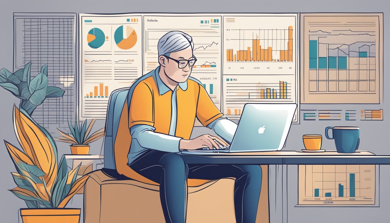 An investor researching Alibaba in Singapore, with a laptop and financial charts, considering buying shares