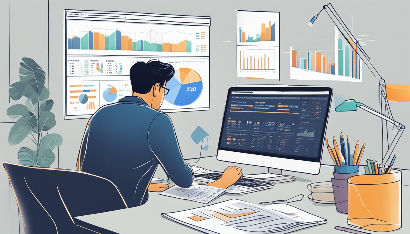A person sitting at a desk with a laptop open, researching how to buy Alibaba shares in Singapore. A stock market chart and financial documents are spread out on the desk