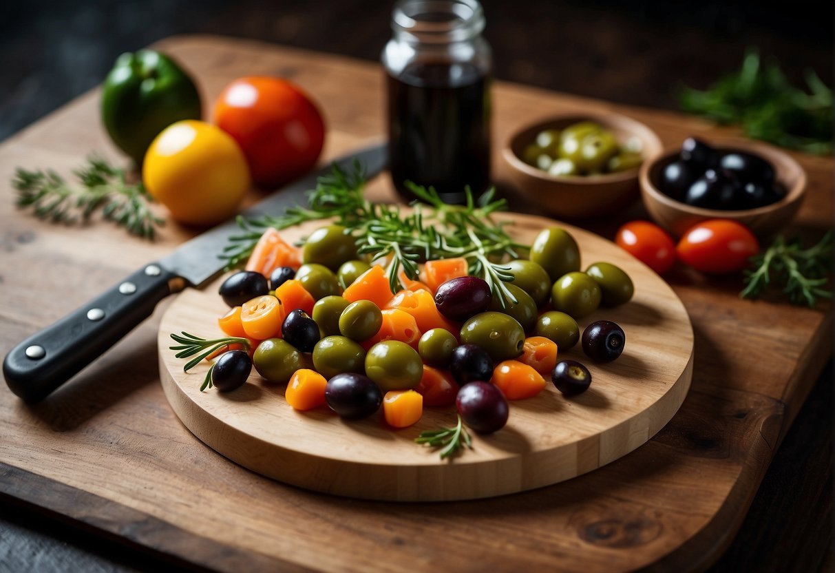 Chopping board with assorted vegetables, knife, and a bowl of brined olives