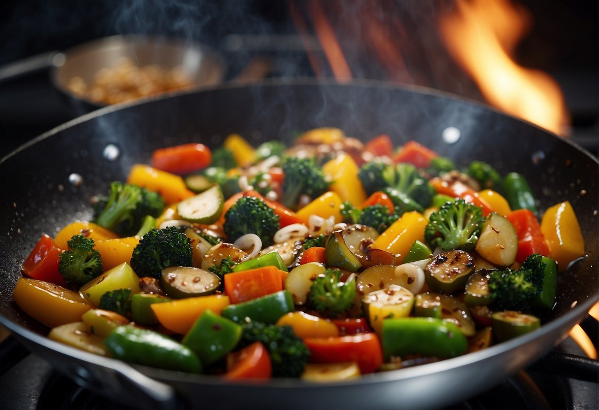 A wok sizzles as Chinese olive vegetables are stir-fried with garlic and soy sauce. A medley of colorful vegetables and savory aromas fill the kitchen