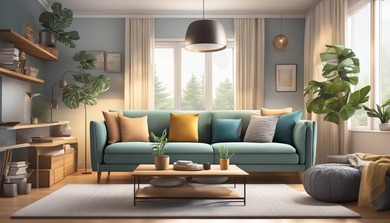 A cozy living room with a modern sofa adorned with stylish cushions in various textures and colors, creating a warm and inviting atmosphere