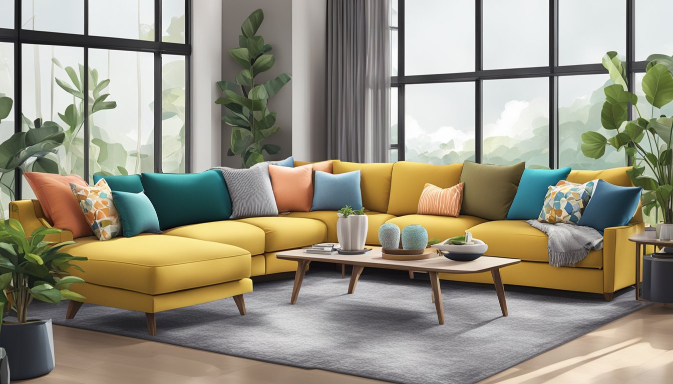 A cozy living room with a variety of colorful sofa cushions displayed in a modern furniture store in Singapore