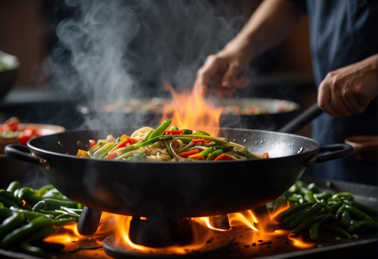 A wok sizzles with Chinese olive vegetables, as steam rises and a chef tosses them with precision. Ingredients and utensils are neatly arranged nearby