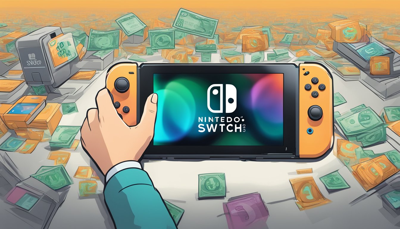 A hand reaching for a Nintendo Switch console with the Nintendo eShop logo displayed on the screen, while a digital currency symbol hovers nearby