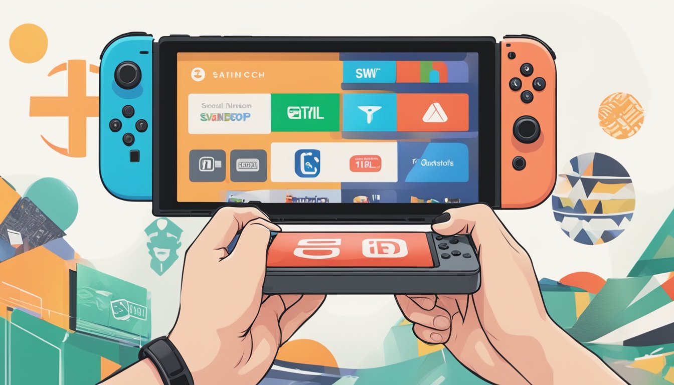 A hand holding a Nintendo Switch, with a screen showing the Nintendo eShop home page, a credit card, and a Singapore flag in the background