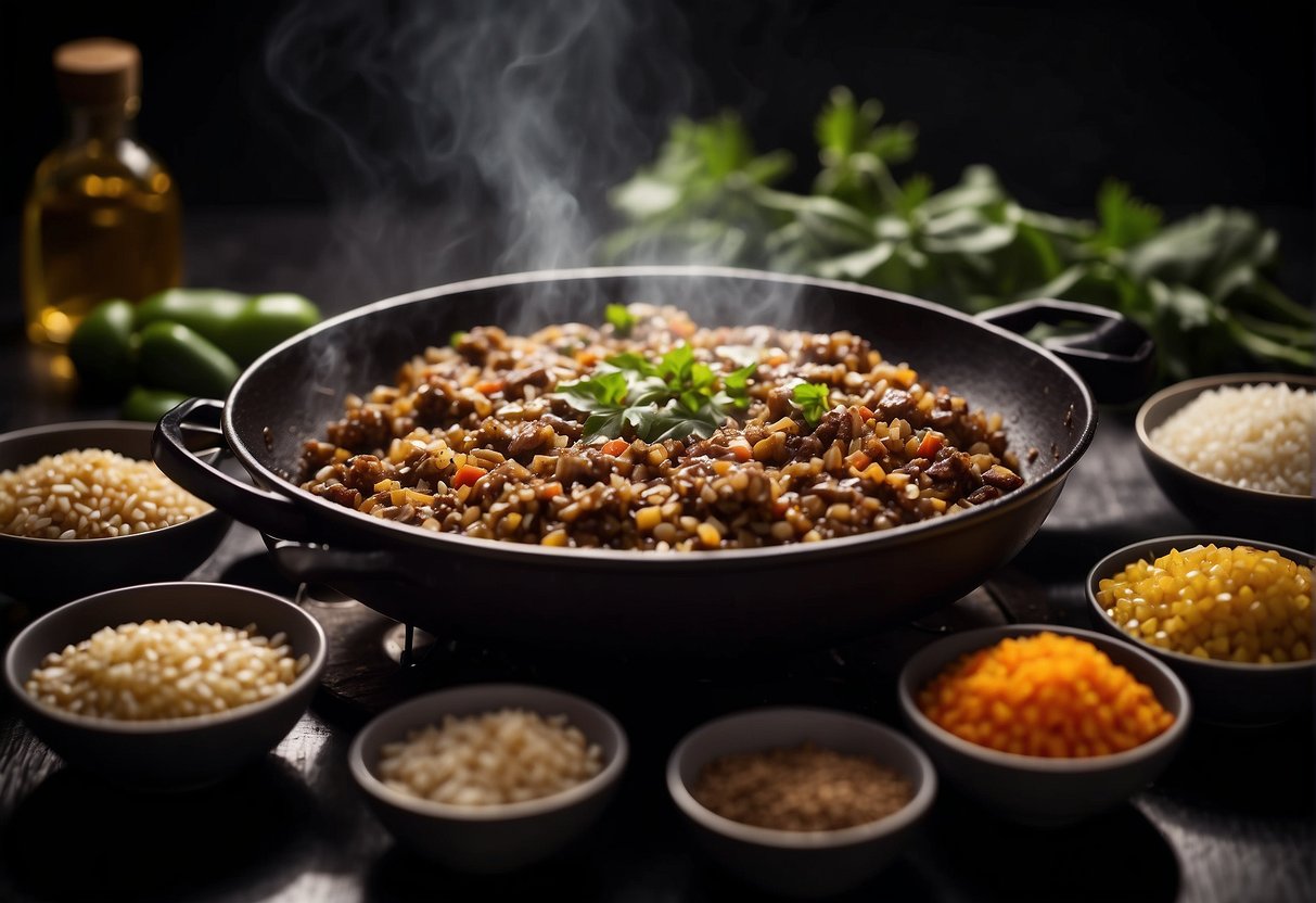A table set with ingredients: brinjal, minced meat, and seasonings. A wok sizzling with oil as the cook stuffs the brinjal with the mixture