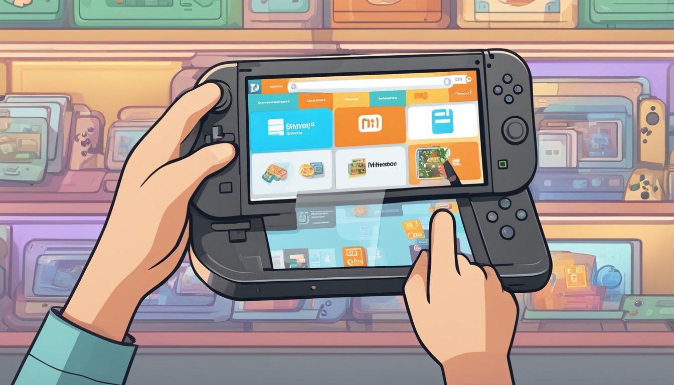 A hand reaches for a Nintendo eShop icon on a device. The screen shows a selection of games available for purchase. A "Buy" button is highlighted, and a progress bar indicates the download
