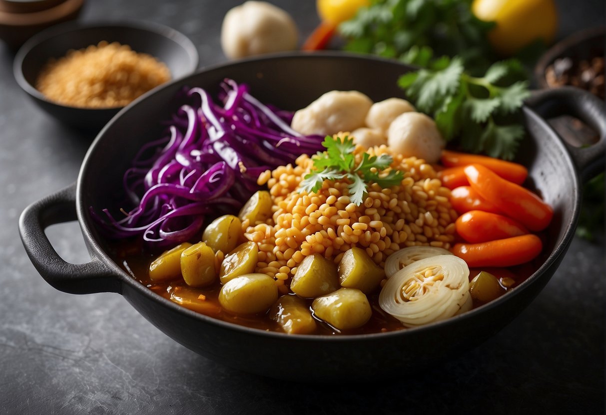 A table adorned with vibrant ingredients like brinjal, ginger, and soy sauce. A wok sizzles as a chef expertly stuffs the brinjal, capturing the cultural significance of the Chinese recipe