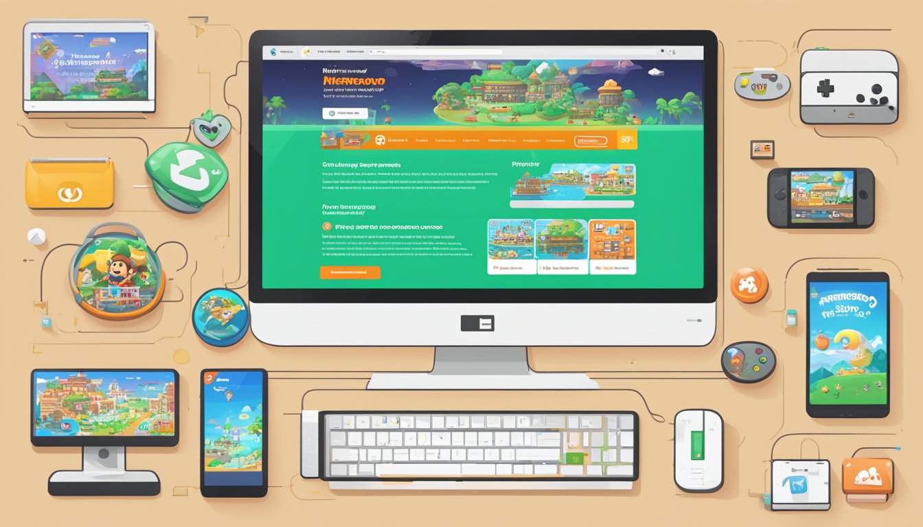 A computer screen displaying the Nintendo eShop Singapore homepage with a search bar, featured games, and a "Frequently Asked Questions" section