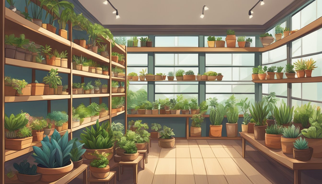 A cozy plant shop in Singapore displays an array of small potted plants on wooden shelves, with soft natural lighting filtering through the windows