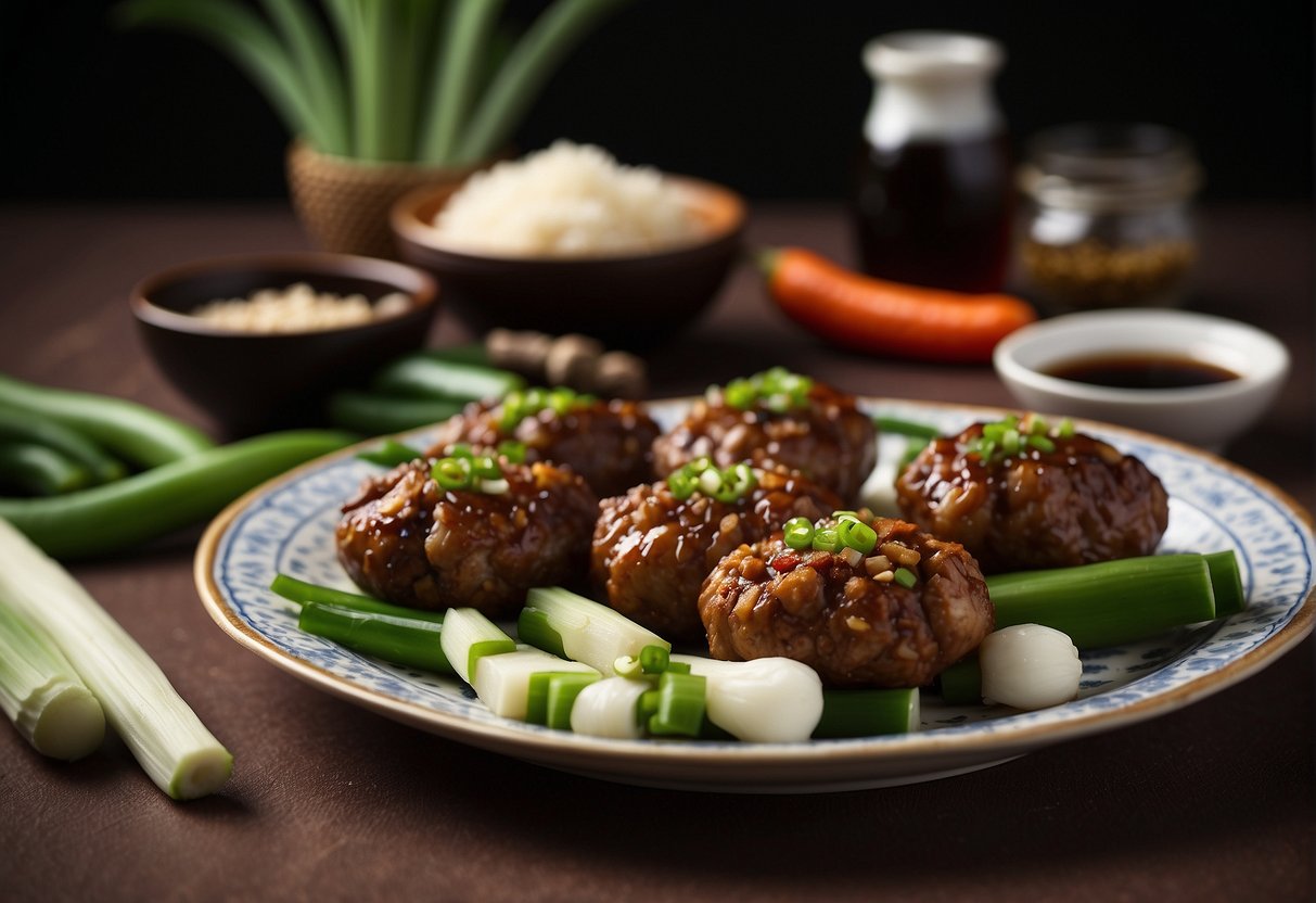 A table set with fresh brinjals, soy sauce, ground pork, and green onions for a stuffed brinjal Chinese recipe