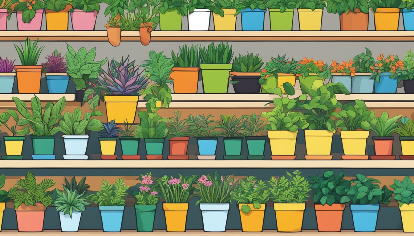 A colorful array of small potted plants lines the shelves of a bustling market in Singapore, with vibrant greenery spilling over the edges of the pots