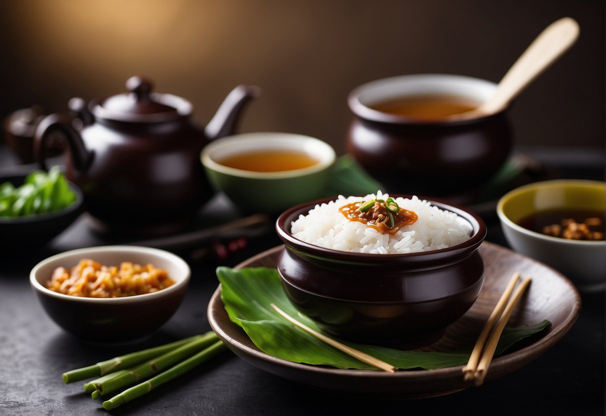 A plate of stuffed brinjal surrounded by chopsticks, a bowl of rice, and a steaming pot of tea