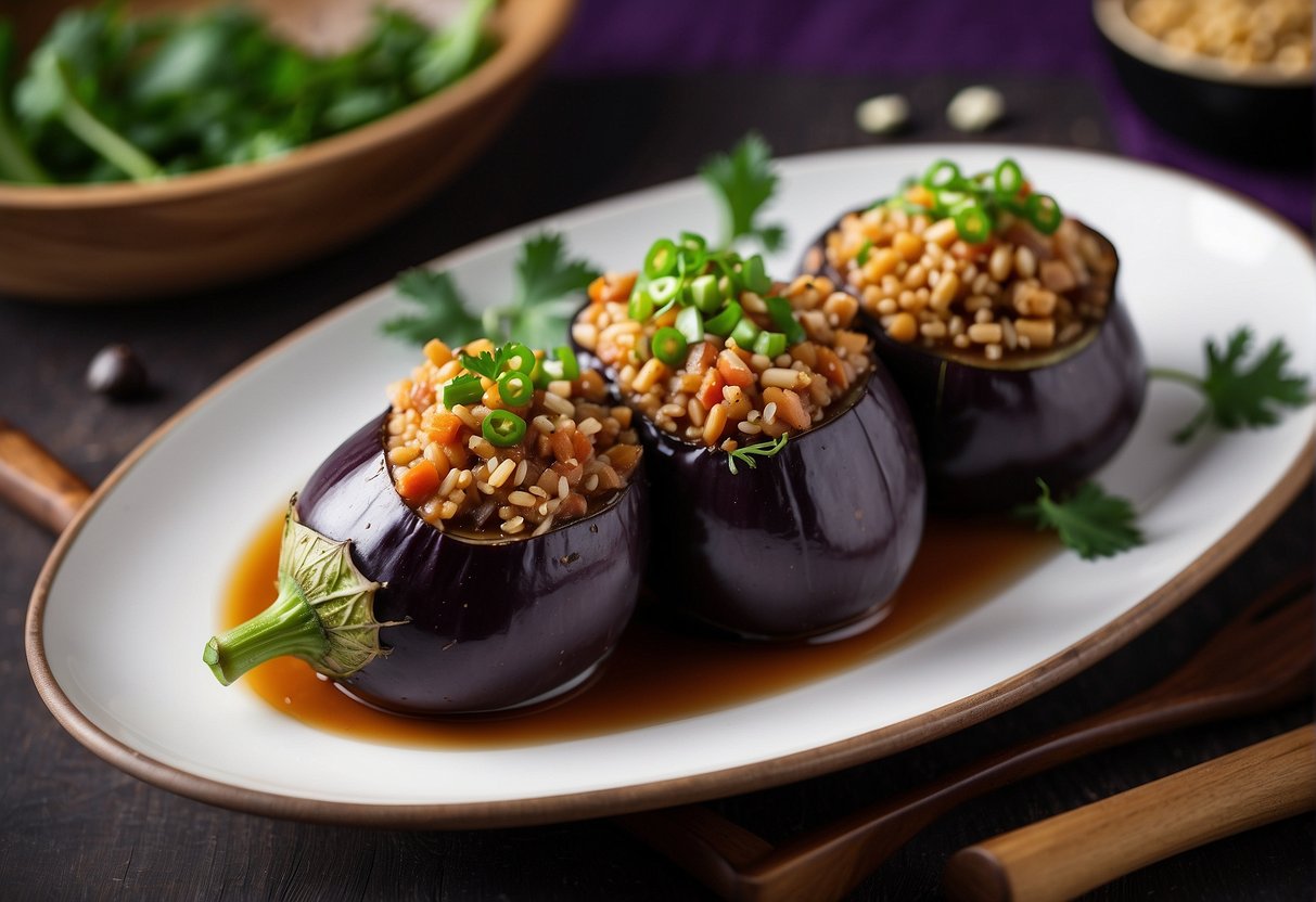 Eggplants halved, stuffed with seasoned pork, steamed in a savory sauce. Garnished with scallions and sesame seeds