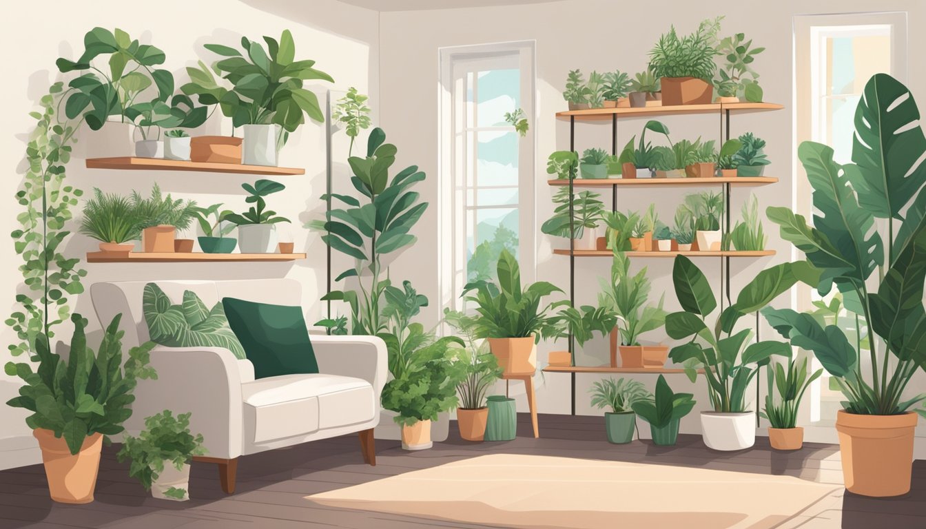 Lush greenery fills a cozy corner, small potted plants in various shapes and sizes line the shelves, creating a serene indoor oasis