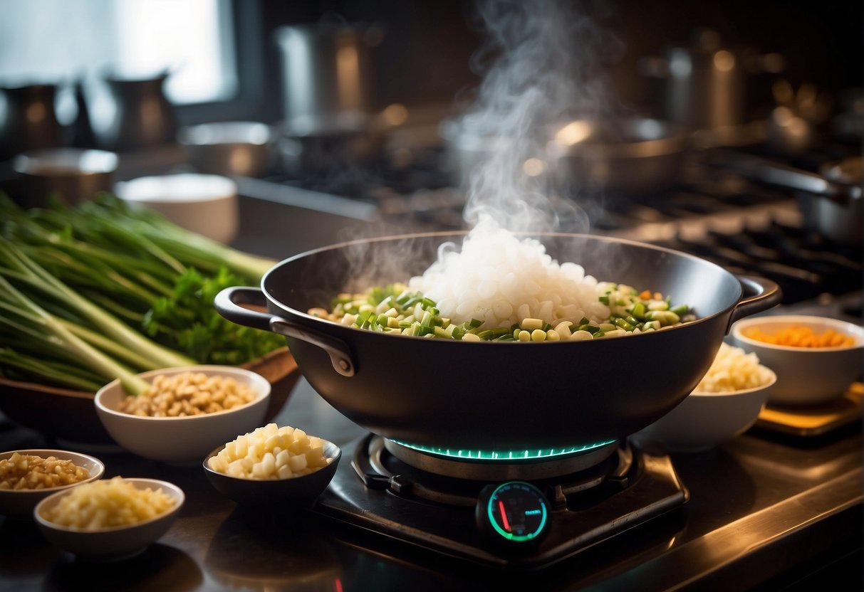 A table with ingredients: brinjal, soy sauce, garlic, ginger, and green onions. A wok on a stove, steam rising, as a chef stuffs brinjals with a savory mixture