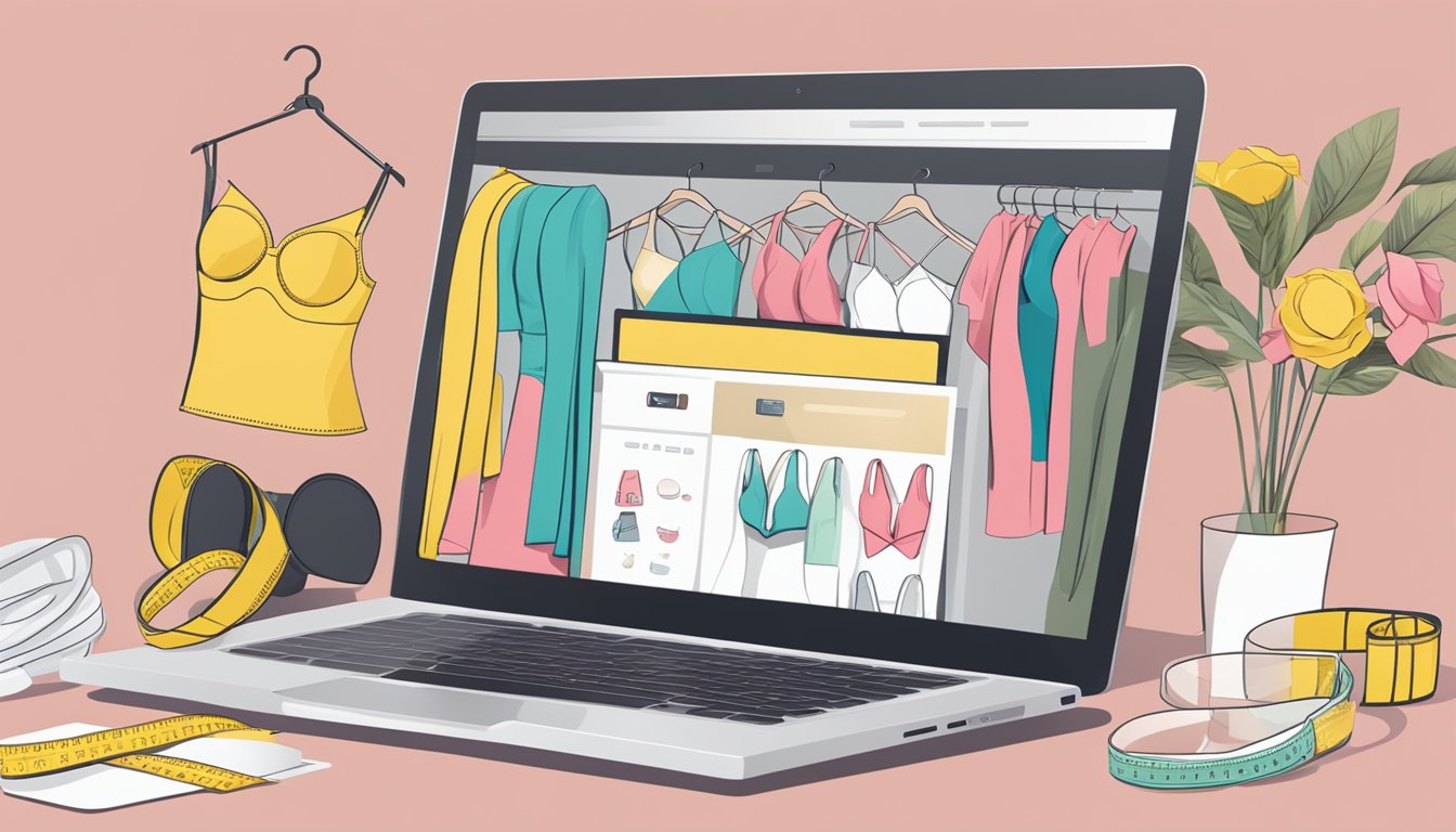 A laptop displaying a variety of bra options on a website, with a credit card and measuring tape nearby for online bra shopping