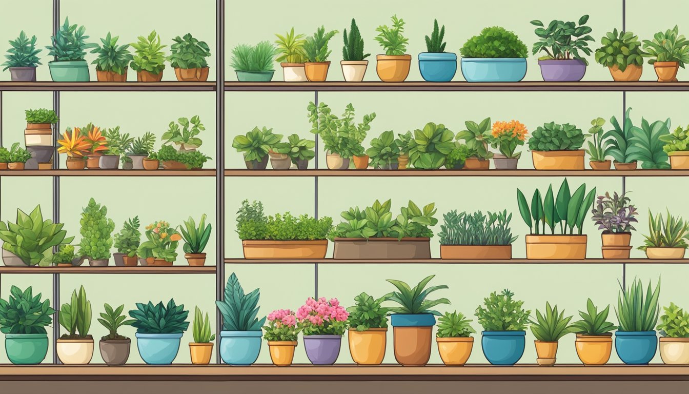A display of small potted plants in a Singapore garden center, with various types arranged neatly on shelves or tables for easy browsing