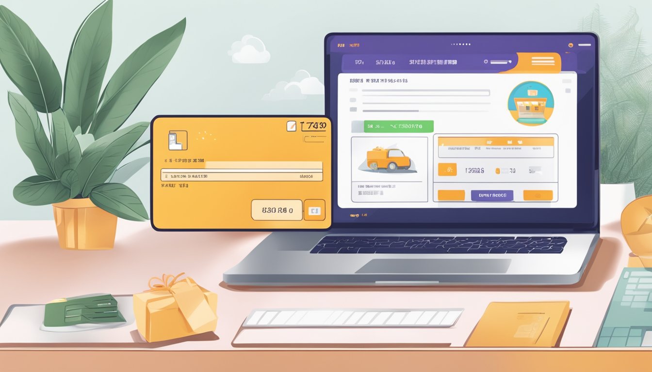 A computer screen displaying the Taobao website with a Singapore address entered in the shipping details. A hand holding a credit card ready to make a purchase
