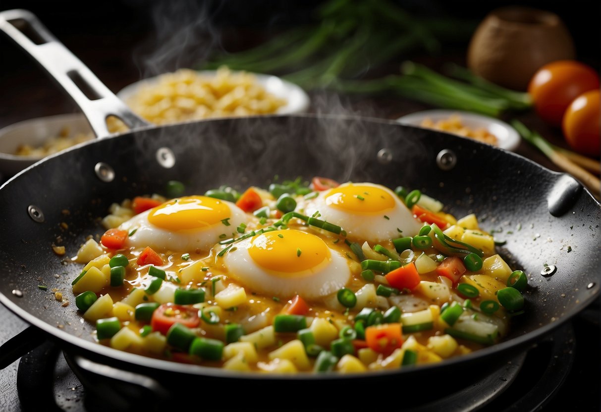 A wok sizzles with beaten eggs, green onions, and diced vegetables cooking in a savory gravy. Steam rises as the omelette is flipped and plated