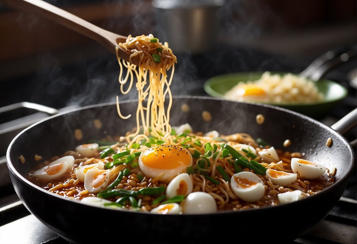 A wok sizzles as eggs, scallions, and bean sprouts mix with savory soy sauce and fragrant sesame oil. Cornstarch thickens the bubbling gravy, creating a glossy finish