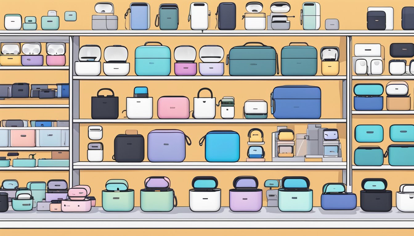 A display of AirPods Pro cases in a Singaporean electronics store. Brightly lit shelves showcase various designs and colors. Customers browse and compare options